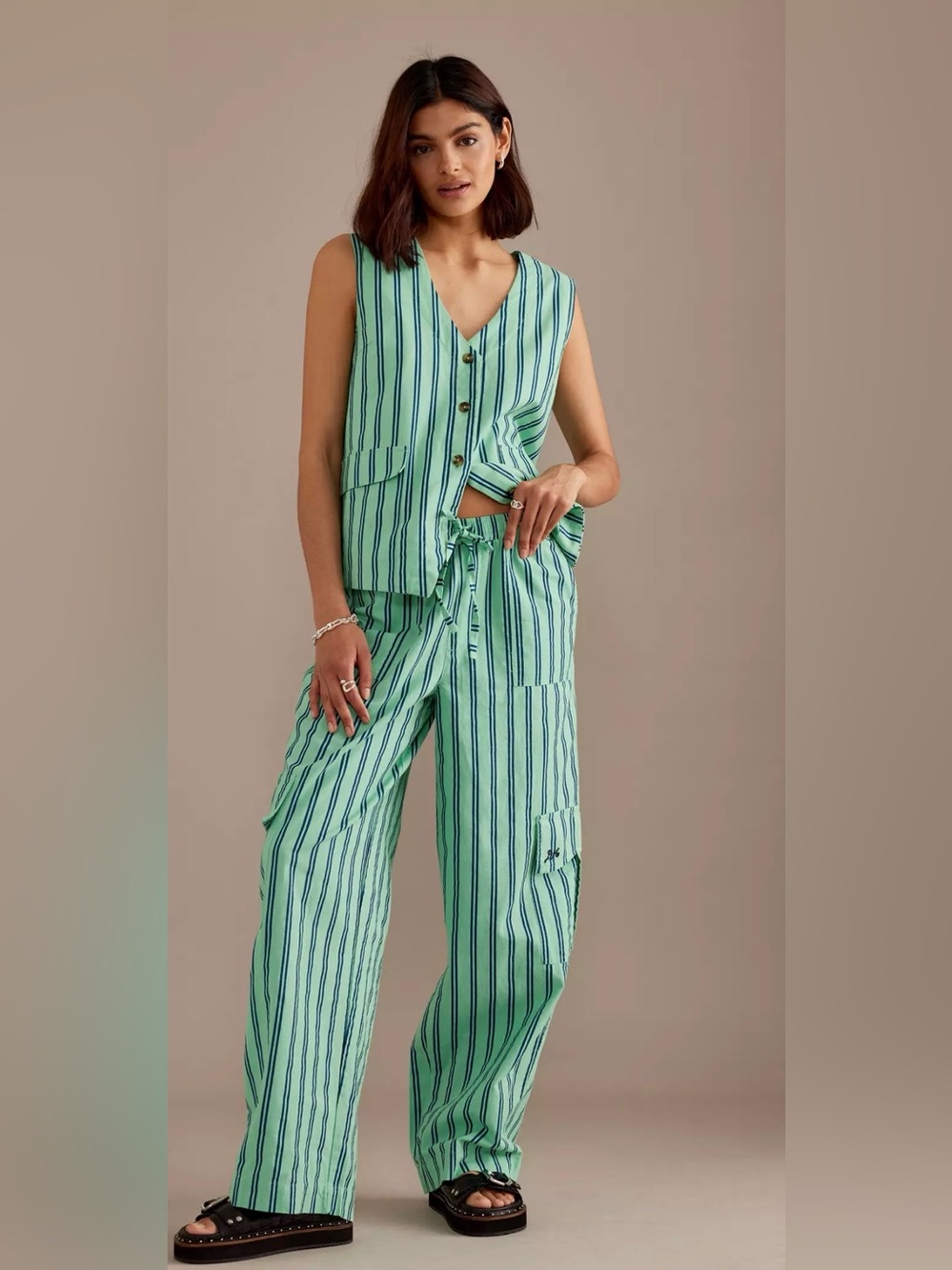 Damson Madder Cotton Linen Sydney Coastal Cargo Pants Mint Stripe UK 10 US 6 - Picture 3 of 13